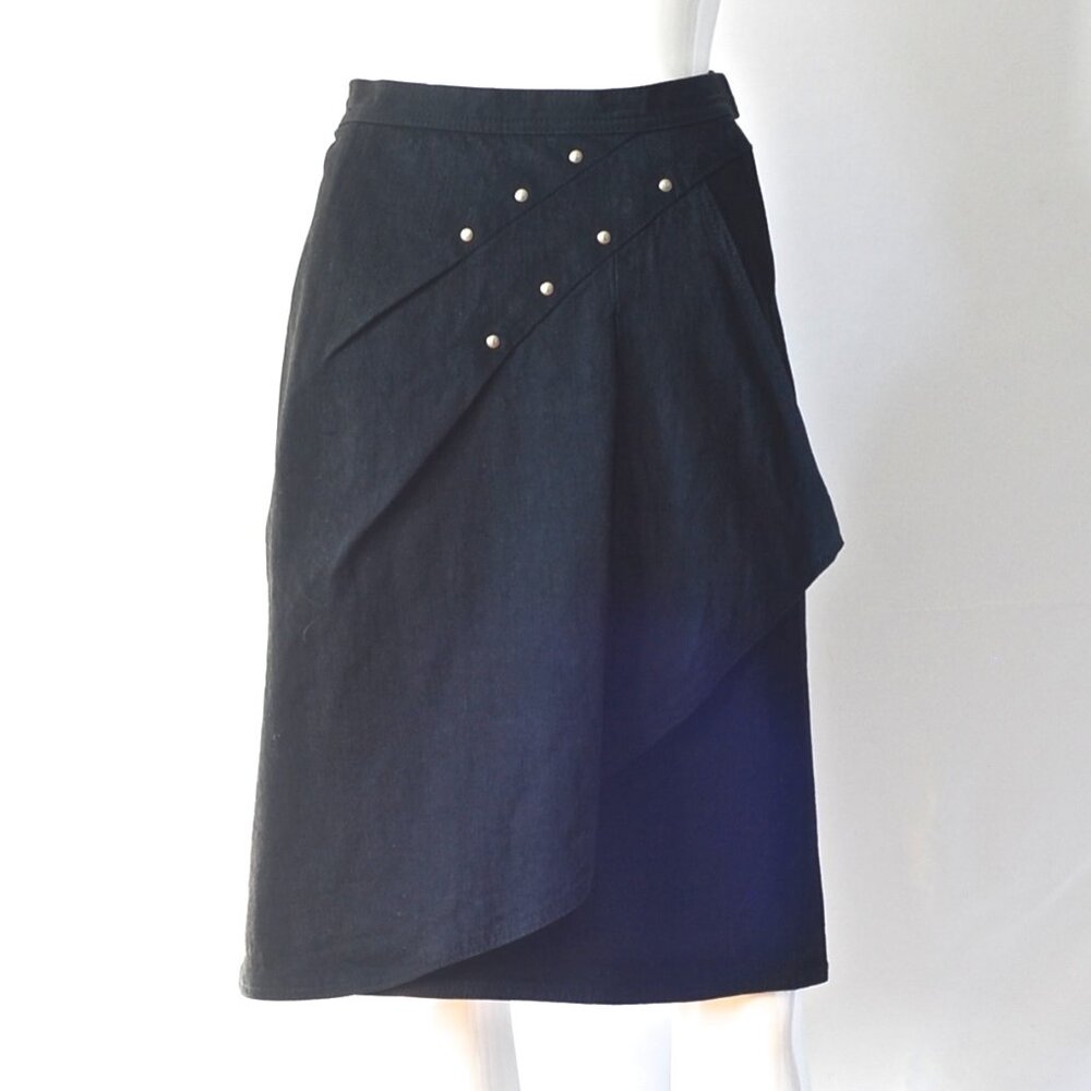 Hanae Mori Black Denim Skirt With Studs & Front Panel - Japan
